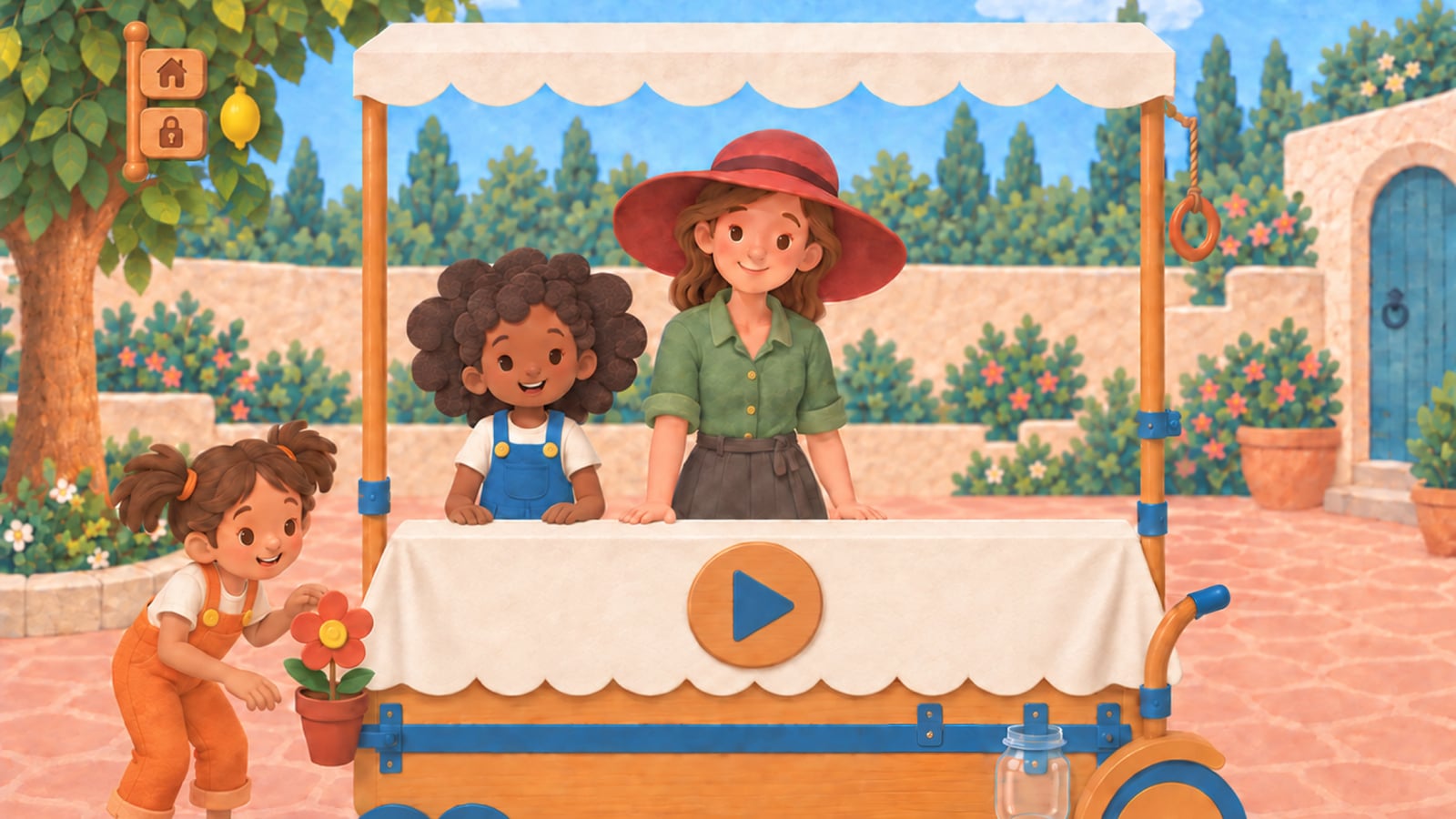 A painted wooden lemonade cart with a scalloped canopy in a sunny courtyard. A woman in a red hat and a curly-haired child in blue dungarees wait at the counter, and a small girl in orange bends to look at the flower pot on the cart. A lemon hangs from the tree.