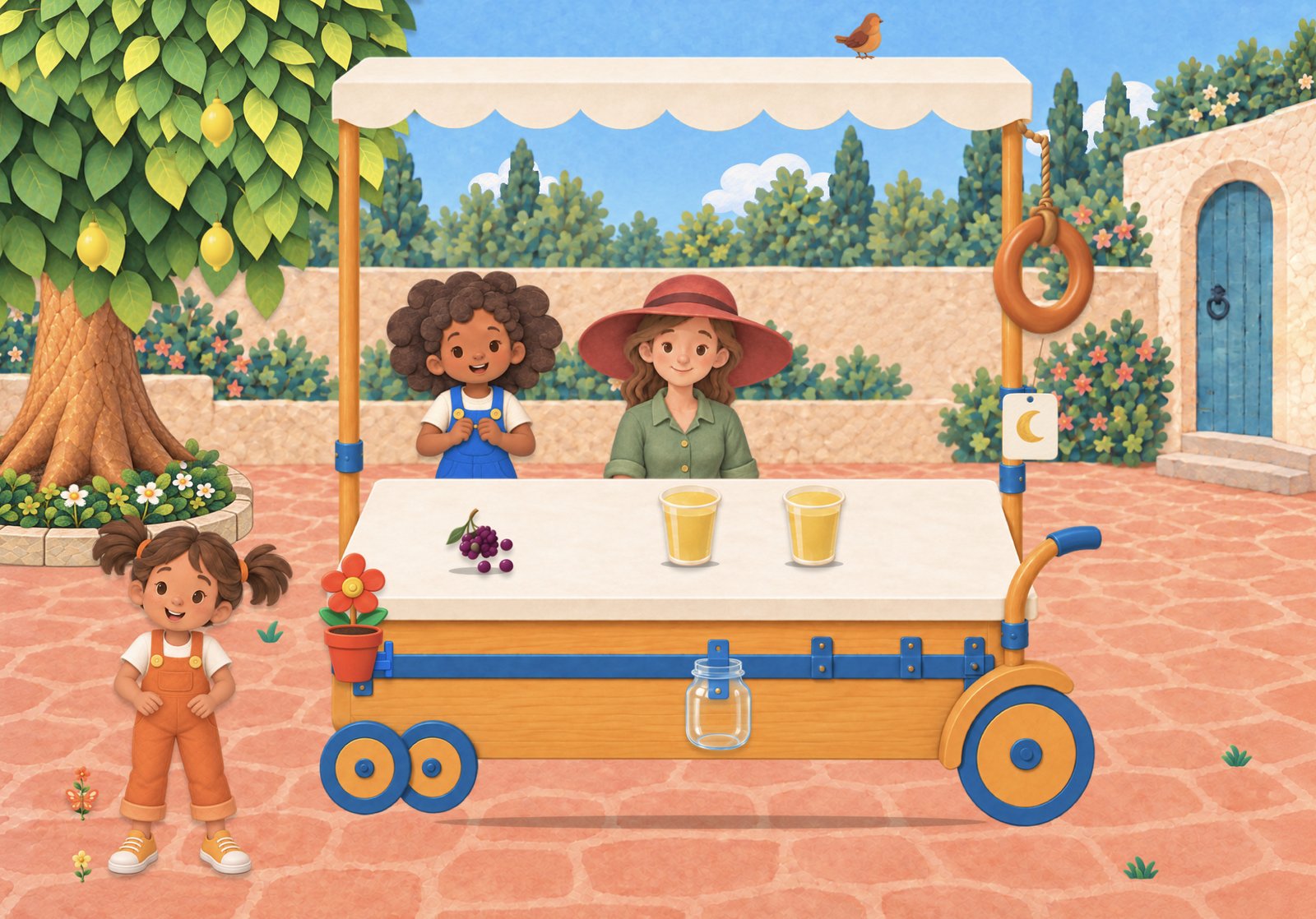 The game on an iPad screen: the lemonade cart in the courtyard with two cups of lemonade and a bunch of grapes on the counter, a glass jar for coins on the cart, Nia and Kit behind the counter, Pip beside the flower pot, a bird on the canopy and lemons on the tree.